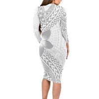 Lotu Tamaiti White Sunday Long Sleeve Bodycon Dress Pacific Plumeria Flowers - White Version LT9 - Polynesian Pride
