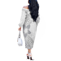 Lotu Tamaiti White Sunday Off The Shoulder Long Sleeve Dress Pacific Plumeria Flowers - White Version LT9 - Polynesian Pride