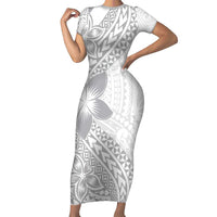Lotu Tamaiti White Sunday Short Sleeve Bodycon Dress Pacific Plumeria Flowers - White Version LT9 Long Dress White - Polynesian Pride