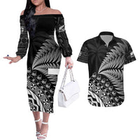 Custom Fiji New Zealand Rugby Couples Matching Off The Shoulder Long Sleeve Dress and Hawaiian Shirt Cibi Dance with Black Fern LT9 Black - Polynesian Pride