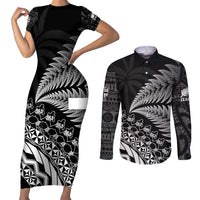 Custom Fiji New Zealand Rugby Couples Matching Short Sleeve Bodycon Dress and Long Sleeve Button Shirt Cibi Dance with Black Fern LT9 Black - Polynesian Pride