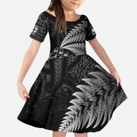Custom Fiji New Zealand Rugby Kid Short Sleeve Dress Cibi Dance with Black Fern LT9 KID Black - Polynesian Pride