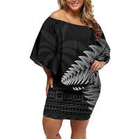 Custom Fiji New Zealand Rugby Off Shoulder Short Dress Cibi Dance with Black Fern LT9 Women Black - Polynesian Pride
