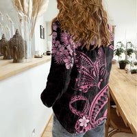 Polynesian Floral Butterfly Women Casual Shirt Breast Cancer Pink Ribbon LT9 - Polynesian Pride