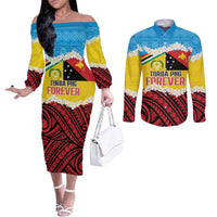Personalised Torba PNG Forever Couples Matching Off The Shoulder Long Sleeve Dress and Long Sleeve Button Shirt Polynesian Sand Art LT9 Green - Polynesian Pride