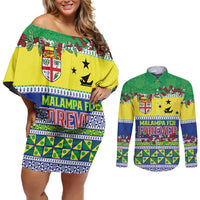 Personalised Malampa Fiji Forever Couples Matching Off Shoulder Short Dress and Long Sleeve Button Shirt Tagimoucia Polynesian Sand Drawing LT9 Yellow - Polynesian Pride