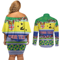 Personalised Malampa Fiji Forever Couples Matching Off Shoulder Short Dress and Long Sleeve Button Shirt Tagimoucia Polynesian Sand Drawing LT9 - Polynesian Pride