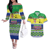 Personalised Malampa Fiji Forever Couples Matching Off The Shoulder Long Sleeve Dress and Hawaiian Shirt Tagimoucia Polynesian Sand Drawing LT9 Yellow - Polynesian Pride