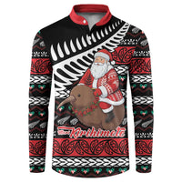 New Zealand Kiwi Santa Christmas Button Sweatshirt He Wairua Kirihimete LT9 Black - Polynesian Pride