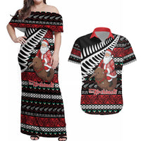 New Zealand Kiwi Santa Christmas Couples Matching Off Shoulder Maxi Dress and Hawaiian Shirt He Wairua Kirihimete LT9 Black - Polynesian Pride