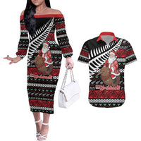 New Zealand Kiwi Santa Christmas Couples Matching Off The Shoulder Long Sleeve Dress and Hawaiian Shirt He Wairua Kirihimete LT9 Black - Polynesian Pride