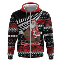 New Zealand Kiwi Santa Christmas Hoodie He Wairua Kirihimete LT9 Zip Hoodie Black - Polynesian Pride