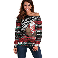 New Zealand Kiwi Santa Christmas Off Shoulder Sweater He Wairua Kirihimete LT9 Women Black - Polynesian Pride