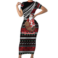 New Zealand Kiwi Santa Christmas Short Sleeve Bodycon Dress He Wairua Kirihimete LT9 Long Dress Black - Polynesian Pride