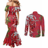 Personalised New Zealand Koru Pohutukawa Couples Matching Mermaid Dress and Long Sleeve Button Shirt Meri Kirihimete Aroha for Christmas LT9 - Polynesian Pride