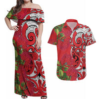 Personalised New Zealand Koru Pohutukawa Couples Matching Off Shoulder Maxi Dress and Hawaiian Shirt Meri Kirihimete Aroha for Christmas LT9 Red - Polynesian Pride