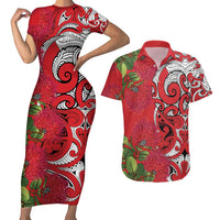 Personalised New Zealand Koru Pohutukawa Couples Matching Short Sleeve Bodycon Dress and Hawaiian Shirt Meri Kirihimete Aroha for Christmas LT9 Red - Polynesian Pride