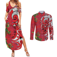Personalised New Zealand Koru Pohutukawa Couples Matching Summer Maxi Dress and Long Sleeve Button Shirt Meri Kirihimete Aroha for Christmas LT9 Red - Polynesian Pride