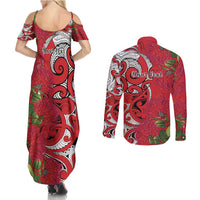 Personalised New Zealand Koru Pohutukawa Couples Matching Summer Maxi Dress and Long Sleeve Button Shirt Meri Kirihimete Aroha for Christmas LT9 - Polynesian Pride