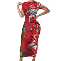 Personalised New Zealand Koru Pohutukawa Family Matching Short Sleeve Bodycon Dress and Hawaiian Shirt Meri Kirihimete Aroha for Christmas LT9 Mom's Dress Red - Polynesian Pride