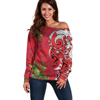 Personalised New Zealand Koru Pohutukawa Off Shoulder Sweater Meri Kirihimete Aroha for Christmas LT9 Women Red - Polynesian Pride