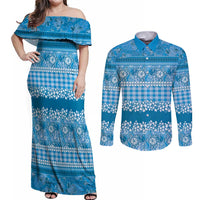 Hawaiian Hibiscus Honu Couples Matching Off Shoulder Maxi Dress and Long Sleeve Button Shirt Blue Mele Kalikimaka Palaka Spirit LT9 Blue - Polynesian Pride