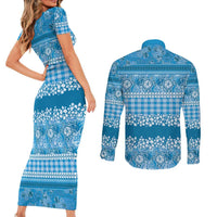 Hawaiian Hibiscus Honu Couples Matching Short Sleeve Bodycon Dress and Long Sleeve Button Shirt Blue Mele Kalikimaka Palaka Spirit LT9 - Polynesian Pride