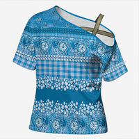 Hawaiian Hibiscus Honu Cross Shoulder Shirt Blue Mele Kalikimaka Palaka Spirit - Polynesian Pride