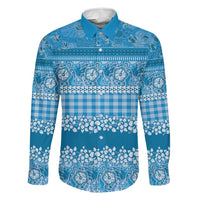 Hawaiian Hibiscus Honu Family Matching Off Shoulder Maxi Dress and Hawaiian Shirt Blue Mele Kalikimaka Palaka Spirit LT9 Dad's Shirt - Long Sleeve Blue - Polynesian Pride