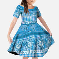 Hawaiian Hibiscus Honu Family Matching Off Shoulder Short Dress and Hawaiian Shirt Blue Mele Kalikimaka Palaka Spirit LT9 Daughter's Dress Blue - Polynesian Pride