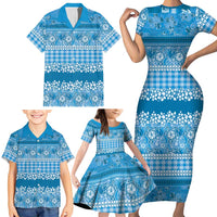 Hawaiian Hibiscus Honu Family Matching Short Sleeve Bodycon Dress and Hawaiian Shirt Blue Mele Kalikimaka Palaka Spirit LT9 - Polynesian Pride