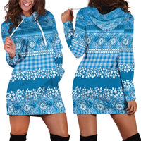 Hawaiian Hibiscus Honu Hoodie Dress Blue Mele Kalikimaka Palaka Spirit LT9 - Polynesian Pride