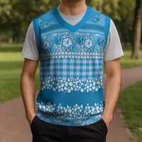 Hawaiian Hibiscus Honu Christmas Knitted V-Neck Vest Blue Mele Kalikimaka Palaka Spirit LT9 - Polynesian Pride