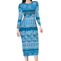 Hawaiian Hibiscus Honu Long Sleeve Bodycon Dress Blue Mele Kalikimaka Palaka Spirit LT9 Long Dress Blue - Polynesian Pride
