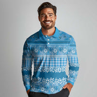 Hawaiian Hibiscus Honu Long Sleeve Polo Shirt Blue Mele Kalikimaka Palaka Spirit LT9 - Polynesian Pride