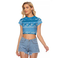 Hawaiian Hibiscus Honu Raglan Cropped T Shirt Blue Mele Kalikimaka Palaka Spirit LT9 Female Blue - Polynesian Pride