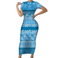 Hawaiian Hibiscus Honu Short Sleeve Bodycon Dress Blue Mele Kalikimaka Palaka Spirit LT9 Long Dress Blue - Polynesian Pride