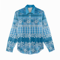 Hawaiian Hibiscus Honu Women Casual Shirt Blue Mele Kalikimaka Palaka Spirit - Polynesian Pride