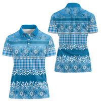 Hawaiian Hibiscus Honu Women Polo Shirt Blue Mele Kalikimaka Palaka Spirit LT9 - Polynesian Pride
