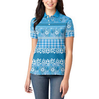 Hawaiian Hibiscus Honu Women Polo Shirt Blue Mele Kalikimaka Palaka Spirit LT9 - Polynesian Pride