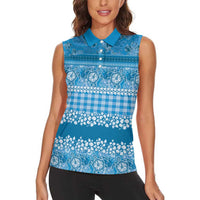 Hawaiian Hibiscus Honu Women Sleeveless Polo Shirt Blue Mele Kalikimaka Palaka Spirit LT9 - Polynesian Pride