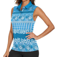 Hawaiian Hibiscus Honu Women Sleeveless Polo Shirt Blue Mele Kalikimaka Palaka Spirit LT9 - Polynesian Pride