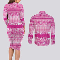 Hawaiian Hibiscus Honu Couples Matching Long Sleeve Bodycon Dress and Long Sleeve Button Shirt Pink Mele Kalikimaka Palaka Spirit LT9 - Polynesian Pride