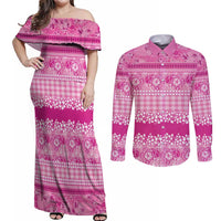 Hawaiian Hibiscus Honu Couples Matching Off Shoulder Maxi Dress and Long Sleeve Button Shirt Pink Mele Kalikimaka Palaka Spirit LT9 Pink - Polynesian Pride
