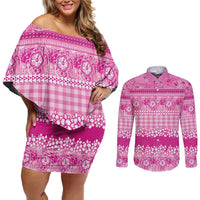 Hawaiian Hibiscus Honu Couples Matching Off Shoulder Short Dress and Long Sleeve Button Shirt Pink Mele Kalikimaka Palaka Spirit LT9 Pink - Polynesian Pride