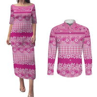 Hawaiian Hibiscus Honu Couples Matching Puletasi and Long Sleeve Button Shirt Pink Mele Kalikimaka Palaka Spirit LT9 Pink - Polynesian Pride