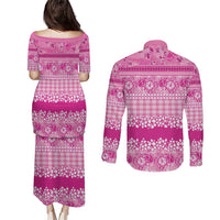 Hawaiian Hibiscus Honu Couples Matching Puletasi and Long Sleeve Button Shirt Pink Mele Kalikimaka Palaka Spirit LT9 - Polynesian Pride
