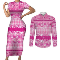 Hawaiian Hibiscus Honu Couples Matching Short Sleeve Bodycon Dress and Long Sleeve Button Shirt Pink Mele Kalikimaka Palaka Spirit LT9 Pink - Polynesian Pride