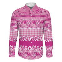 Hawaiian Hibiscus Honu Family Matching Off Shoulder Maxi Dress and Hawaiian Shirt Pink Mele Kalikimaka Palaka Spirit LT9 Dad's Shirt - Long Sleeve Pink - Polynesian Pride