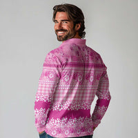 Hawaiian Hibiscus Honu Long Sleeve Polo Shirt Pink Mele Kalikimaka Palaka Spirit LT9 - Polynesian Pride